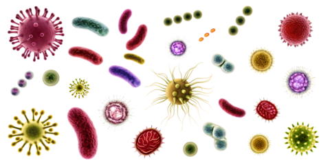 set of different bacteria microbes and viruses isolated on white background, png, ai generated
