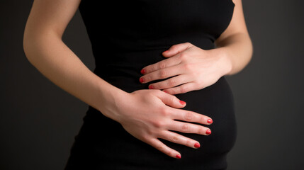 Pregnant woman gently cradling her baby bump, showcasing moment of tenderness and anticipation. dark background emphasizes beauty of motherhood and connection between mother and child