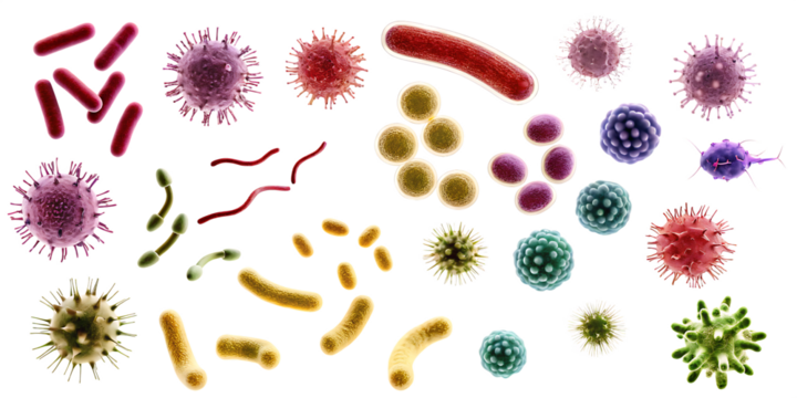 set of different bacteria microbes and viruses isolated on white background, png, ai generated