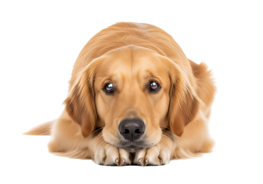 A golden retriever, head and upper body, lies down, gaze directed at the viewer, expressing a contemplative and thoughtful demeanor.