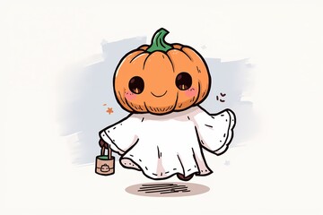 Charming Cartoon Pumpkin Ghost Characters: Funny and Cute Halloween Illustration for a Spooky Celebration