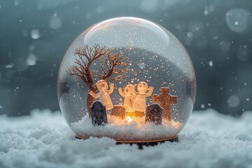 Christmas Snow Globe Winter Decoration: Festive Holiday Ornament with Lighted Figurines in a Snow-Covered Wonderland Scene at Family Celebration