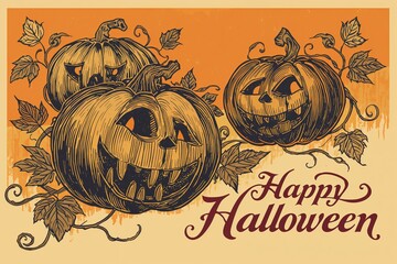 Spooky Halloween Pumpkin Illustration in Vintage Style for Festive Autumn Celebrations with Scary Face Carvings and Orange Background