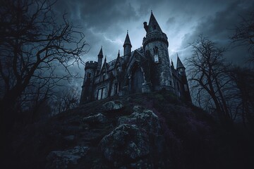 Haunted Gothic Castle Ruins at Night: A Spooky and Mysterious Adventure in a Dark Rocky Terrain