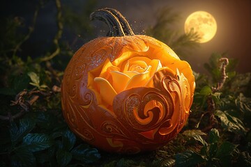 Carved and Illuminated Pumpkin Halloween Decoration with Floral Design in Moonlit Night Scene