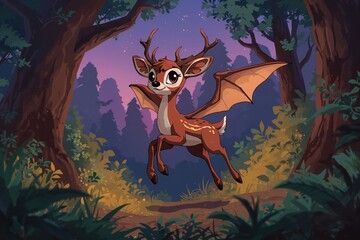 Whimsical Animated Deer With Wings in Vibrant Forest - Fantasy Wildlife Illustration