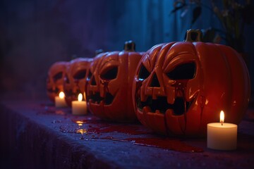Spooky Halloween Night: Eerie Pumpkins and Candles in a Horror-Themed Autumn Celebration with Gore Decorations and Blood Effects