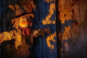 Autumn Harvest Celebration with Smiling Scarecrow in Rustic Farm Decoration for Halloween