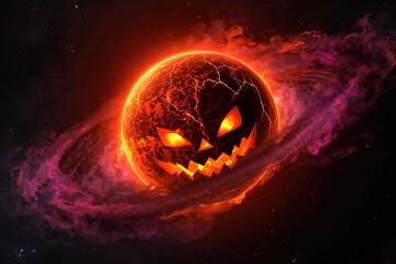 Cosmic Halloween Pumpkin: Glowing Space-Themed Illustration in Vibrant Orange and Purple with Eerie Fantasy Atmosphere