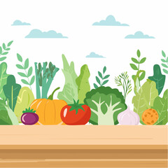 Vibrant Vegetables and Herbs on Wooden Tabletop