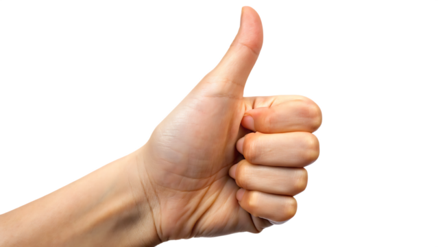 a hand with a thumb extended upwards in a gesture isolated on white background, png, ai generated