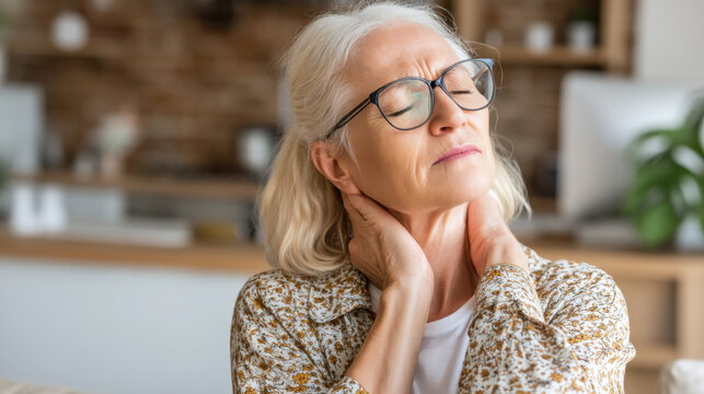 Experiencing discomfort, elderly woman with glasses gently rubs her neck in cozy home environment. warm tones and soft lighting create calming atmosphere