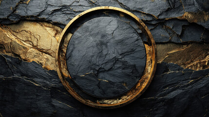 Elegant black and gold circular frame on textured stone background, creating luxurious and modern aesthetic. contrast between dark surface and golden accents adds sophistication
