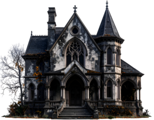 An intricately designed gothic mansion featuring pointed arches, ornate details, and autumn foliage surrounding it.