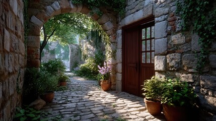 Sunlit Stone Archway with Cobblestone Path and Ivy Covered Walls Leading to a Wooden Door in an Ancient Mediterranean Courtyard with Lush Greenery and Flower Pots
