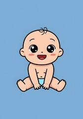 Cute Cartoon Baby Sitting on Blue Background