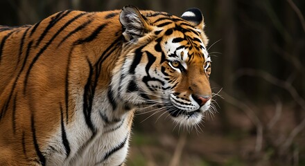 Obraz premium Close-up portrait of a majestic tiger with orange and black stripes, looking alert and focused against a blurred natural background.