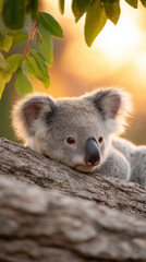 Fototapeta premium Koala resting in tree hollow at sunset with emotive scenery