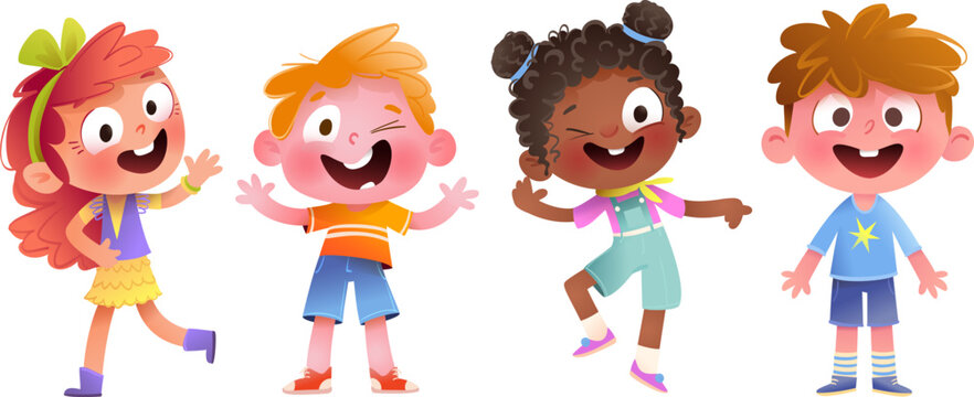 Cheerful smiling group of kids dancing and playing together. Colorful children characters graphic design for party or childhood event. Kids laughing and smiling vector clip art collection.