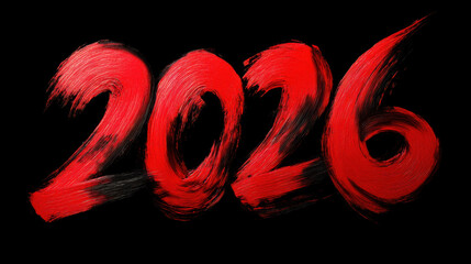 Bold red brush strokes create year 2026 against black background, conveying sense of urgency and excitement for future. dynamic design captures attention and evokes anticipation