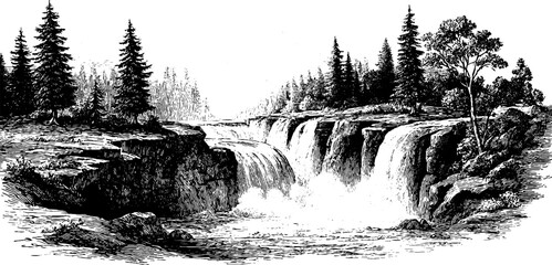 Hand drawn engraving style seamless waterfall landscape with cascading waters and forest scenery