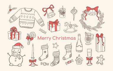Hand drawn vintage Christmas set. Sweater, gifts, candles, wreath, socks, snowman and baverage vector illustration. Winter holiday clipart