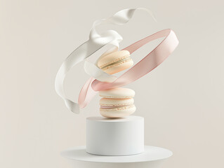 Elegant pastel macarons with ribbons in an artistic dessert presentation
