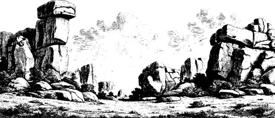 Obraz premium Vintage hand drawn engraving style seamless rocky landscape for retro design