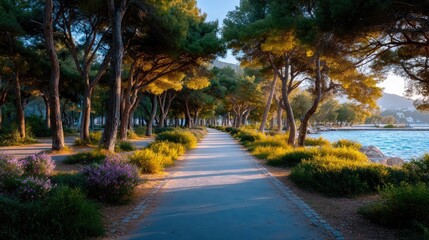 Sunlit Pathway Through Green Trees in Park Leading to Water Front with Blue Sky Scenic Coastal Route at Golden Hour