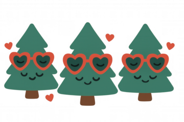 Christmas tree characters wearing red heart glasses with cute smiling faces, festive holiday season love concept