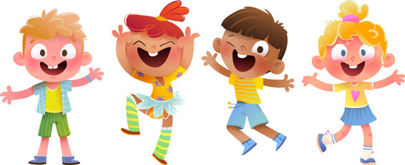 Cute happy kids boys and girls having fun and playing together. Colorful playful children characters graphic design for party or childhood event. Kids laughing and smiling vector clip art collection.
