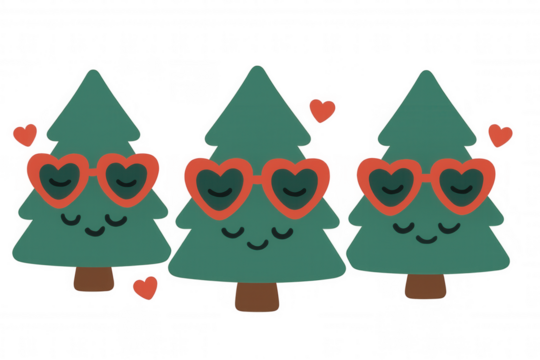 Christmas tree characters wearing red heart glasses with cute smiling faces, festive holiday season love concept