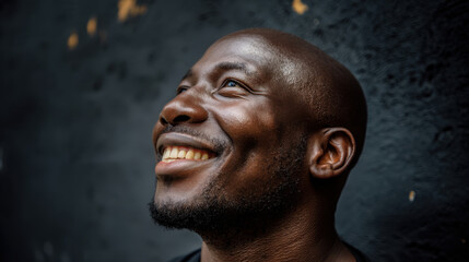 Joyful man with bald head smiles brightly against dark background, radiating happiness and positivity. His expression conveys warmth and confidence