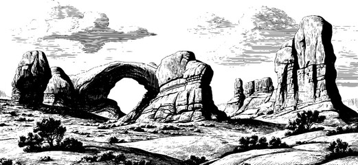 Naklejka premium Vintage engraving style seamless pattern of natural stone landscape for design