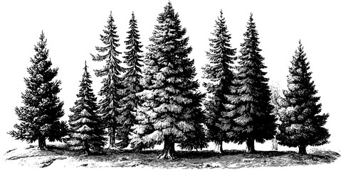 Engraved seamless pattern of pine trees for holiday design and decoration