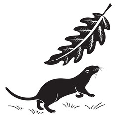 Otter chasing floating leaf silhouette