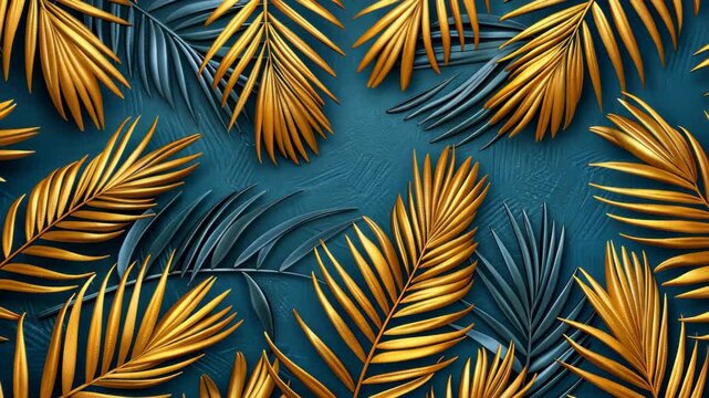 Golden Leaves in Tropical Paradise: A striking tableau of intricate golden leaves gracefully arranged against a teal backdrop, a vibrant dance of light and shadow.