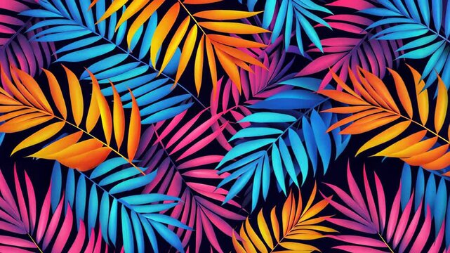 Colorful Palm Leaves: A vibrant tapestry of tropical palm leaves bursts with vivid hues, their intricate details and textures creating a mesmerizing pattern in a dynamic display of nature's beauty.