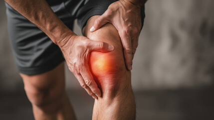 Knee pain can be significant issue for many individuals, often caused by injury or overuse. This depicts person holding their knee, indicating discomfort or pain. focus is knee area, highlighting