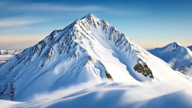 Majestic Mountain Majesty: A snow-covered mountain peak dominates the landscape, its rugged face etched against a clear, sunlit sky, evoking a sense of awe and the raw power of nature.