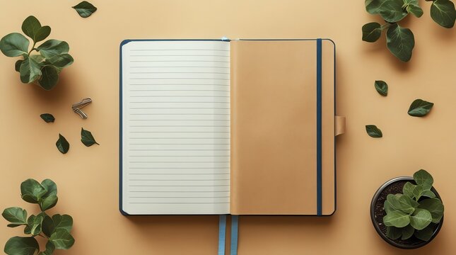 Open notebook with lined pages next to a tan cover surrounded by green leaves and plants - Powered by Adobe
