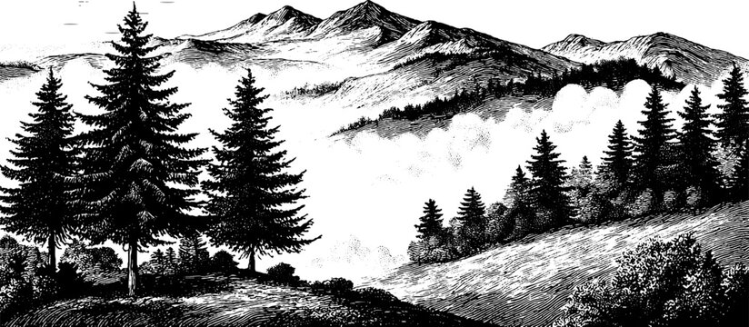 Misty mountain landscape with smoky layers and soft hatch style for nature design