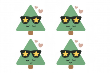 Kawaii christmas trees with happy faces and star sunglasses, creating a fun holiday background or decorative element