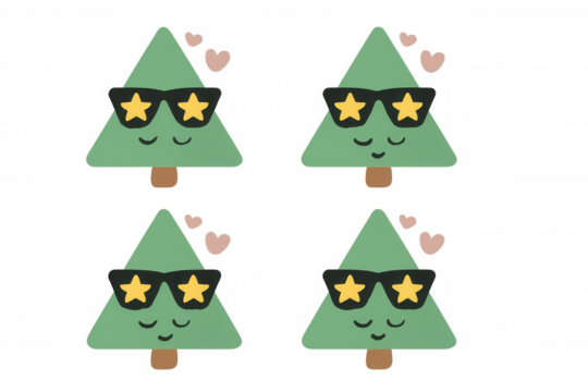 Kawaii christmas trees with happy faces and star sunglasses, creating a fun holiday background or decorative element - Powered by Adobe