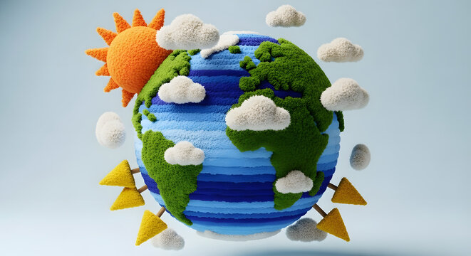 A Fuzzy Earth Globe with Fluffy Clouds and Sun�