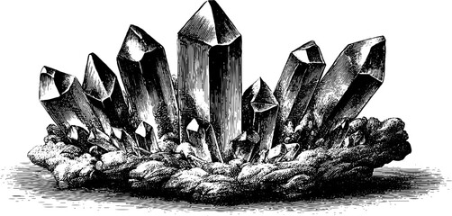 Vintage hand drawn engraving of amethyst mineral with facets