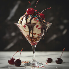Decadent dessert sundae with chocolate and cherries in a glass, topped with colorful sprinkles.
