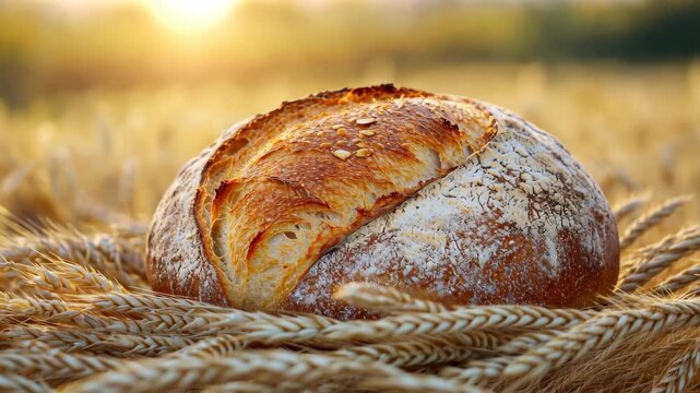 Artisan Bread in Wheat Field: A close-up shot of an artisan loaf of bread resting on golden wheat stalks, bathed in the warm glow of the sun, creating an inviting image of culinary delight.