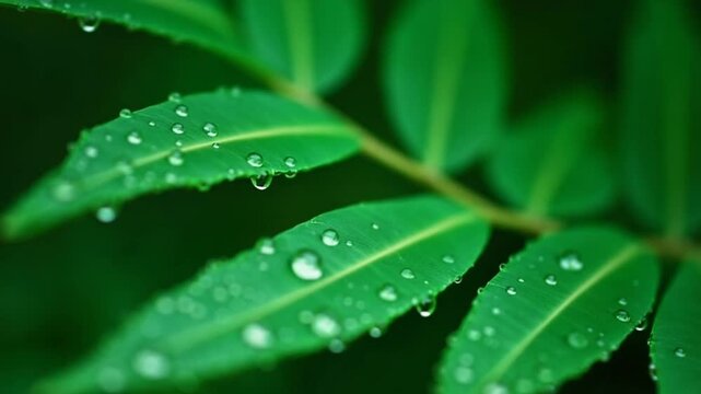 Rain drops falling on green leaves in rainforest