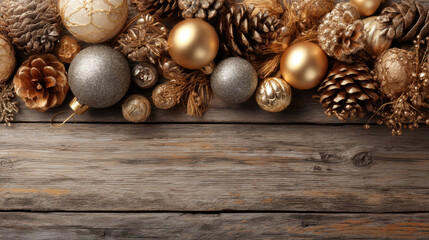 Golden ornaments, pine cones, and festive decorations create warm and inviting holiday atmosphere. Perfect for celebrating joy of season with elegance and style